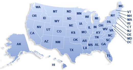 Map of the U.S. showing that DTA offer live traffic school instruction nationwide
